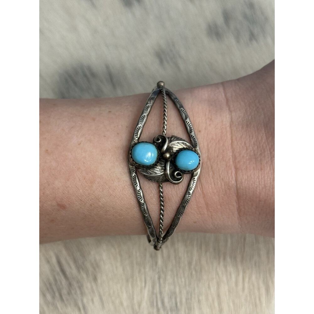 Vintage Sterling Silver Double Stone Blue Turquoise Feather Leaf Stamped Cuff
